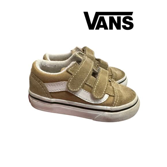 Vans Old Skool V Toddler Tan White Velcro Suede Canvas Sneakers 5 - Picture 1 of 5